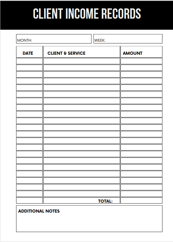 CLIENT INCOME RECORDS FOR TAX SHEET – PRETTY LITTLE PRO-MADES