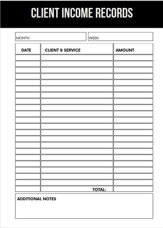 CLIENT INCOME RECORDS FOR TAX SHEET